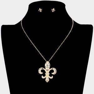 Rhinestone Embellished Fleur de Lis Pendant Necklace, Mardi Gras Jewelry